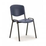 The picture shows a set of stunning blue dynamic stackable chairs with a black frame. These ISO stacking chairs are perfect for any modern space. Each chair is priced individually, with a minimum order quantity of 4. Sleek, practical, and stylish.
