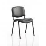 The picture features a set of dynamic stackable chairs with a black vinyl seat and backrest. The chair also has a black frame and is designed for easy stacking. Please note that a minimum order quantity of 4 chairs is required and each chair is individually priced. Perfect for versatile seating arrangements.