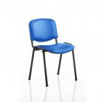 The image shows a set of blue vinyl chairs with a black frame, designed to be stacked and easily stored. The chairs have a modern and dynamic look, making them suitable for various environments. The minimum order quantity is 4 chairs, priced individually.