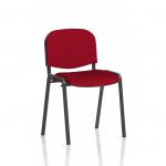 The chair has a sleek black frame and a burgundy wine fabric seat and backrest. Its design allows for easy stacking and its dynamic structure makes it versatile for various settings. Minimum order quantity is 4 and pricing is per chair.