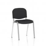 This photo shows a set of dynamic, stackable chairs with a sleek black fabric seat and a chrome frame. Each chair is priced individually and requires a minimum order quantity of 4.
