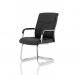 In the image, a sleek and modern black faux leather cantilever chair with arms is seen, adding a touch of luxury to any space. The chair features a dynamic design, perfect for accommodating visitors in style.