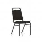 The photo shows a sleek, black-framed visitor chair with black fabric upholstery. It can be stacked for easy storage and a dynamic look. Minimum order quantity of 4, with individual pricing.