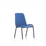 This photograph captures a set of dynamic stackable chairs in a vibrant blue color. Made of durable polypropylene, these Polly stacking chairs feature a sleek and modern design. Ideal for any gathering space, they can be easily stacked when not in use for efficient storage. Each chair is priced separately with a minimum order quantity of 4.