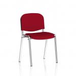 The image shows a sleek, chrome-framed stacking chair with a bold wine fabric seat. Its design is modern and versatile, ideal for various settings. Each chair can be purchased individually, with a minimum order quantity of 4.