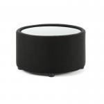This photograph features a sleek black round coffee table with a glass top, creating a dynamic and modern look. The fabric accents on the table add texture and contrast to the overall design. Perfect for any contemporary living space.