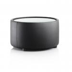 This picture showcases a sleek and contemporary Neo Round coffee table in black leather, featuring a glass top. The dynamic design creates a modern and stylish addition to any living space.