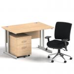 Impulse 1200mm Straight Office Desk Maple Top Silver Cantilever Leg with 2 Drawer Mobile Pedestal and Chiro Medium Back Black BUND1002