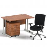 Impulse 1200mm Straight Office Desk Walnut Top Silver Cantilever Leg with 2 Drawer Mobile Pedestal and Chiro Medium Back Black BUND1004