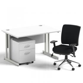 Impulse 1200mm Straight Office Desk White Top Silver Cantilever Leg with 2 Drawer Mobile Pedestal and Chiro Medium Back Black BUND1005