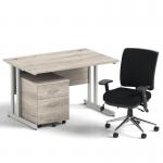 Impulse 1200mm Straight Office Desk Grey Oak Top Silver Cantilever Leg with 2 Drawer Mobile Pedestal and Chiro Medium Back Black BUND1006