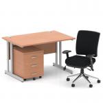 Impulse 1200mm Straight Office Desk Beech Top Silver Cantilever Leg with 3 Drawer Mobile Pedestal and Chiro Medium Back Black BUND1007