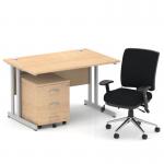 Impulse 1200mm Straight Office Desk Maple Top Silver Cantilever Leg with 3 Drawer Mobile Pedestal and Chiro Medium Back Black BUND1008