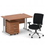 Impulse 1200mm Straight Office Desk Walnut Top Silver Cantilever Leg with 3 Drawer Mobile Pedestal and Chiro Medium Back Black BUND1010