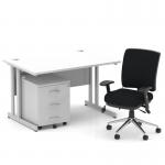 Impulse 1200mm Straight Office Desk White Top Silver Cantilever Leg with 3 Drawer Mobile Pedestal and Chiro Medium Back Black BUND1011