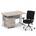 Impulse 1200mm Straight Office Desk Grey Oak Top Silver Cantilever Leg with 3 Drawer Mobile Pedestal and Chiro Medium Back Black BUND1012