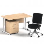 Impulse 1200mm Straight Office Desk Maple Top White Cantilever Leg with 2 Drawer Mobile Pedestal and Chiro Medium Back Black BUND1014