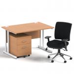 Impulse 1200mm Straight Office Desk Oak Top White Cantilever Leg with 2 Drawer Mobile Pedestal and Chiro Medium Back Black BUND1015