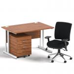 Impulse 1200mm Straight Office Desk Walnut Top White Cantilever Leg with 2 Drawer Mobile Pedestal and Chiro Medium Back Black BUND1016