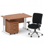 Impulse 1200mm Straight Office Desk Walnut Top White Cantilever Leg with 3 Drawer Mobile Pedestal and Chiro Medium Back Black BUND1022