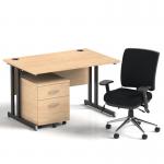 Impulse 1200mm Straight Office Desk Maple Top Black Cantilever Leg with 2 Drawer Mobile Pedestal and Chiro Medium Back Black BUND1026