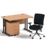 Impulse 1200mm Straight Office Desk Oak Top Black Cantilever Leg with 2 Drawer Mobile Pedestal and Chiro Medium Back Black BUND1027