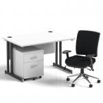 Impulse 1200mm Straight Office Desk White Top Black Cantilever Leg with 2 Drawer Mobile Pedestal and Chiro Medium Back Black BUND1029