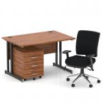 Impulse 1200mm Straight Office Desk Walnut Top Black Cantilever Leg with 3 Drawer Mobile Pedestal and Chiro Medium Back Black BUND1034