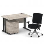 Impulse 1200mm Straight Office Desk Grey Oak Top Black Cantilever Leg with 3 Drawer Mobile Pedestal and Chiro Medium Back Black BUND1036