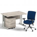 Impulse 1200mm Straight Office Desk Grey Oak Top Silver Cantilever Leg with 2 Drawer Mobile Pedestal and Chiro Medium Back Blue BUND1042