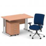 Impulse 1200mm Straight Office Desk Beech Top Silver Cantilever Leg with 3 Drawer Mobile Pedestal and Chiro Medium Back Blue BUND1043