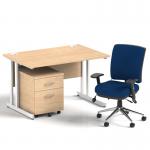 Impulse 1200mm Straight Office Desk Maple Top White Cantilever Leg with 2 Drawer Mobile Pedestal and Chiro Medium Back Blue BUND1050