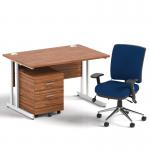 Impulse 1200mm Straight Office Desk Walnut Top White Cantilever Leg with 2 Drawer Mobile Pedestal and Chiro Medium Back Blue BUND1052