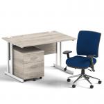 Impulse 1200mm Straight Office Desk Grey Oak Top White Cantilever Leg with 2 Drawer Mobile Pedestal and Chiro Medium Back Blue BUND1054