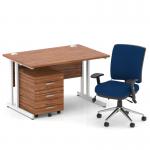 Impulse 1200mm Straight Office Desk Walnut Top White Cantilever Leg with 3 Drawer Mobile Pedestal and Chiro Medium Back Blue BUND1058