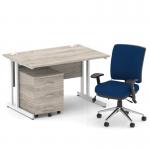 Impulse 1200mm Straight Office Desk Grey Oak Top White Cantilever Leg with 3 Drawer Mobile Pedestal and Chiro Medium Back Blue BUND1060