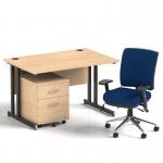 Impulse 1200mm Straight Office Desk Maple Top Black Cantilever Leg with 2 Drawer Mobile Pedestal and Chiro Medium Back Blue BUND1062