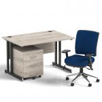 Impulse 1200mm Straight Office Desk Grey Oak Top Black Cantilever Leg with 2 Drawer Mobile Pedestal and Chiro Medium Back Blue BUND1066