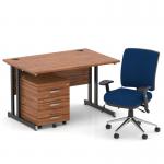 Impulse 1200mm Straight Office Desk Walnut Top Black Cantilever Leg with 3 Drawer Mobile Pedestal and Chiro Medium Back Blue BUND1070