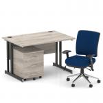 Impulse 1200mm Straight Office Desk Grey Oak Top Black Cantilever Leg with 3 Drawer Mobile Pedestal and Chiro Medium Back Blue BUND1072