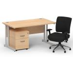 Impulse 1400mm Straight Office Desk Maple Top Silver Cantilever Leg with 2 Drawer Mobile Pedestal and Chiro Medium Back Black BUND1074