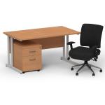 Impulse 1400 x 800 Silver Cant Office Desk Oak + 2 Dr Mobile Ped & Chiro Med Back Black W/Arms BUND1075