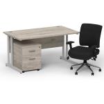 Impulse 1400 x 800 Silver Cant Office Desk Grey Oak + 2 Dr Mobile Ped & Chiro Med Back Black W/Arms BUND1078