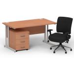 Impulse 1400mm Straight Office Desk Beech Top Silver Cantilever Leg with 3 Drawer Mobile Pedestal and Chiro Medium Back Black BUND1079