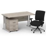 Impulse 1400 x 800 Silver Cant Office Desk Grey Oak + 3 Dr Mobile Ped & Chiro Med Back Black W/Arms BUND1084