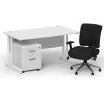 Impulse 1400mm Straight Office Desk White Top White Cantilever Leg with 2 Drawer Mobile Pedestal and Chiro Medium Back Black BUND1089