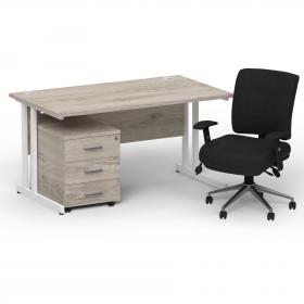 Impulse 1400mm Straight Office Desk Grey Oak Top White Cantilever Leg with 3 Drawer Mobile Pedestal and Chiro Medium Back Black BUND1096