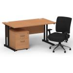 Impulse 1400mm Straight Office Desk Oak Top Black Cantilever Leg with 2 Drawer Mobile Pedestal and Chiro Medium Back Black BUND1099