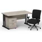 Impulse 1400 x 800 Black Cant Office Desk Grey Oak + 2 Dr Mobile Ped & Chiro Med Back Black W/Arms BUND1102