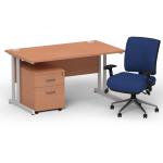 Impulse 1400mm Straight Office Desk Beech Top Silver Cantilever Leg with 2 Drawer Mobile Pedestal and Chiro Medium Back Blue BUND1109